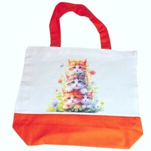 Large Canvas Tote Bag with Stack of Kittens Art | Hand Pressed | 17”x14” | New